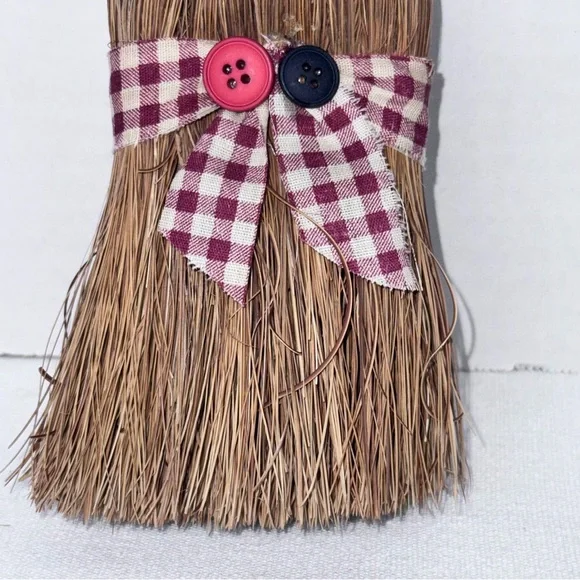 Vintage Whisk Broom Primitive USA Burgundy Check Ribbon Holiday Decor - Picture 2 of 16